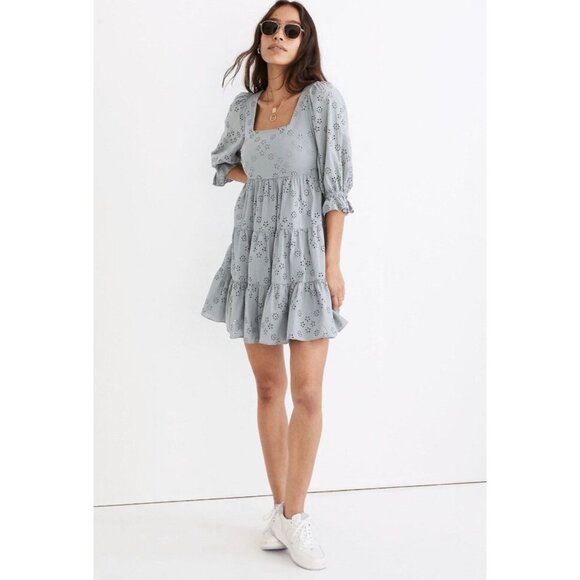 Madewell Dresses & Skirts - Madewell Blue Eyelet Lizzie Babydoll Dress Sz 0 Puff Sleeve NWT Flowy Cottage